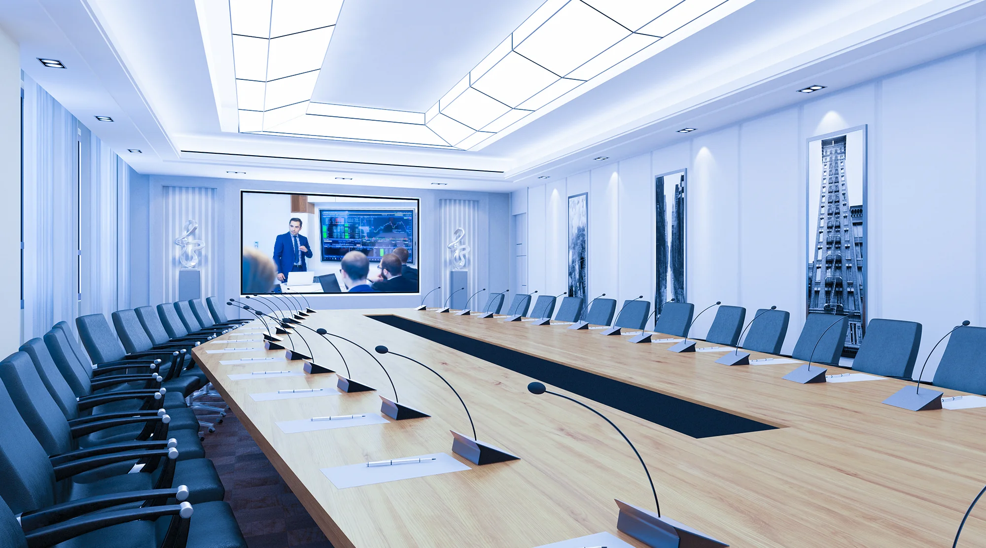 Executive boardroom with 98-inch interactive display and Crestron control system